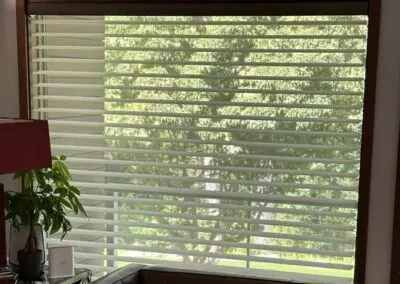 Window blinds filtering sunlight, enhancing room ambiance with natural light.