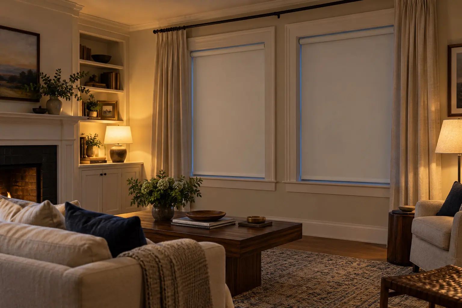 Ivory roller shades and linen drapery framing living room windows in warm evening light.