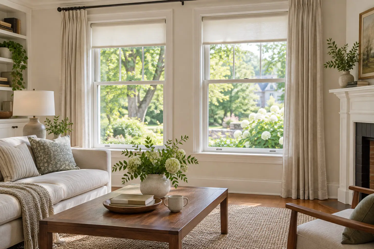 Raised roller shades and open linen drapery letting daylight into a neutral living room.