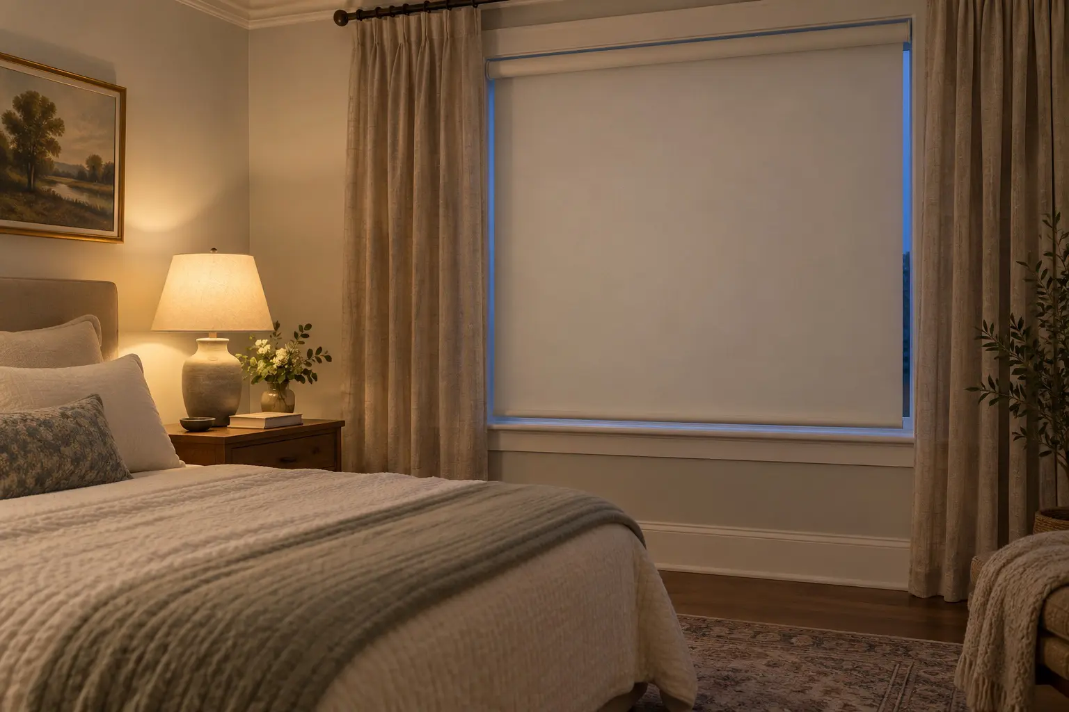 Lowered ivory window shade framed by linen drapery in a softly lit bedroom.